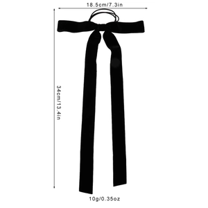 Elegant black velvet bow hair scrunchie with long streamers and elastic band, 18.5x34cm