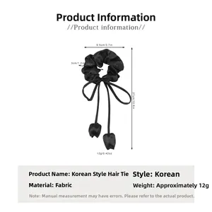 Detailed size specifications for black fabric hair scrunchie with long ribbons and flower charm