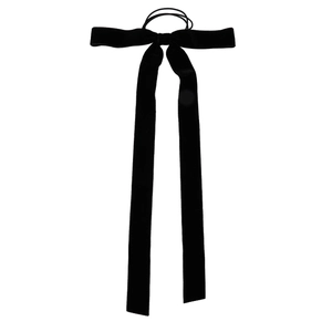 Elegant black velvet bow hair tie with long ribbons on a clean white background