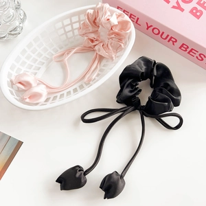 French silk tulip bow scrunchie set with long ribbons in elegant pink and black colors