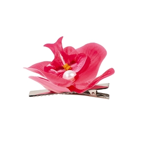 Pink orchid hair clip with faux pearl detail and silver metal duckbill base