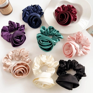 Elegant Satin Rose Flower Large Scrunchie High Elastic Handmade Fabric Hair Tie For Women Floral Hair Accessories