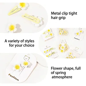 Romantic Y2K plumeria flower hair clip and elastic band set on a fashion display card