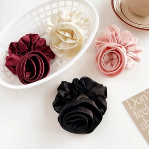 Elegant 2025 satin rose flower hair scrunchies set in multiple vibrant colors for women