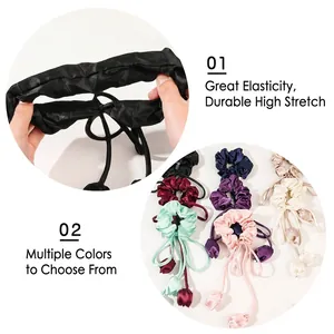 Elegant satin hair scrunchies with long ribbons in multiple colors for women