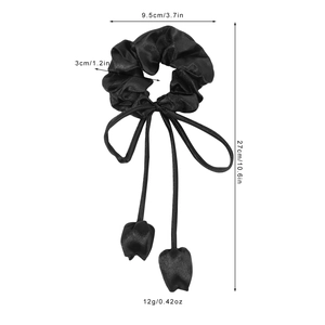 Elegant black satin scrunchie with tulip pendants and long streamers for hair styling