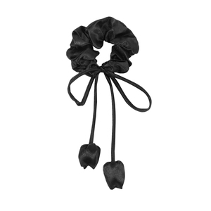 Elegant black satin scrunchie with long ribbons and 3D tulip pendant charms
