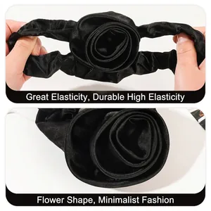 Elegant black satin rose hair tie with high elastic stretch and floral design for women
