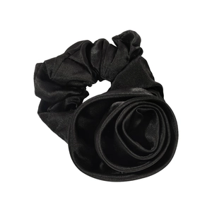 Elegant black satin rose hair scrunchie with high elasticity and glossy fabric finish