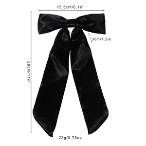 Eleganter schwarzer Satin-Schleifen-Haarclip mit langen Bändern und Maßangaben