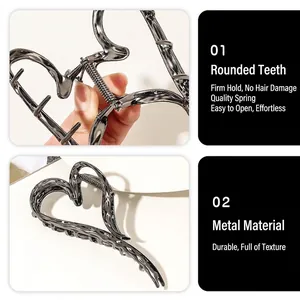 Liquid metal hollow heart claw clip in gunmetal finish with strong spring for women