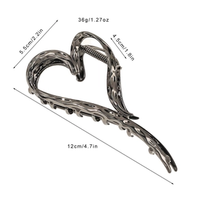 Hollow heart liquid metal hair claw clip in dark silver with dimensions and weight info
