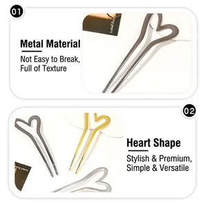 U-shaped metal hair fork with heart design in gold, silver, and grey finishes
