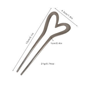 Elegant gunmetal heart-shaped U-shaped hair pin for styling with dimensions shown