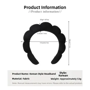 Detailed dimensions of a black flannel sponge headband showing 17cm width and 53g weight