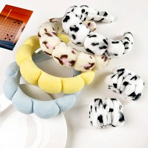 Plush sponge headband and wristband set in cow print and solid colors for washing face