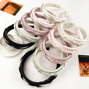 Elegant Satin Braided Twist Headband With Faux Artificial Pearls Rhinestones For Women Korean Fashion Wide Brim Hair Hoop Accessory