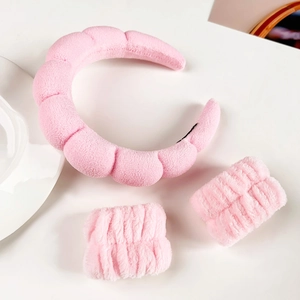 Pink plush headband and wristband set for face washing with soft cloud texture