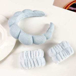 Light blue soft fleece spa set with puffy sponge headband and matching wrist washbands