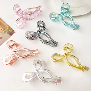 Iridescent Bow Hair Claw Clip For Women Large Plastic Holographic Shark Clip Korean Style Elegant Hair Accessories For Thick Hair Party