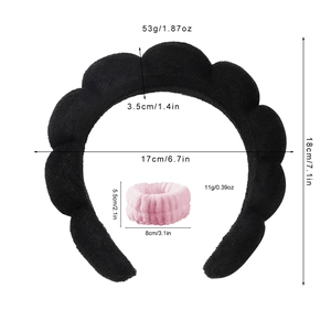 Black cloud headband and pink wristband set for face washing with dimensions and weight