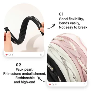 Elegant braided headband with pearls and rhinestones shown in flexible and detailed view