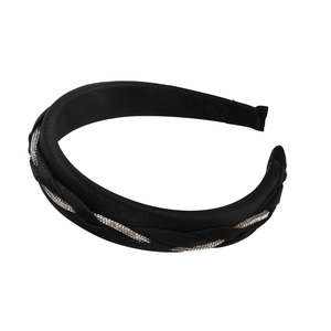 Elegant braided black satin headband with silver rhinestones for a high top hair look
