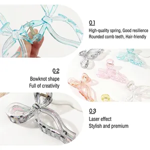 Holographic bow hair claw clip made of clear acrylic with colorful laser finish