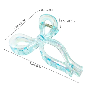 Iridescent aurora bow hair claw clip for high ponytail style with size dimensions shown