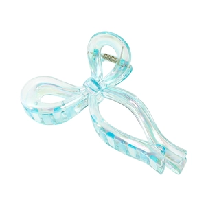 Iridescent light blue bow hair claw clip with a transparent finish for high ponytails