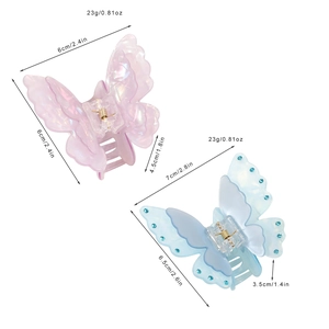 Iridescent butterfly hair claw clips with size and weight specifications on white background