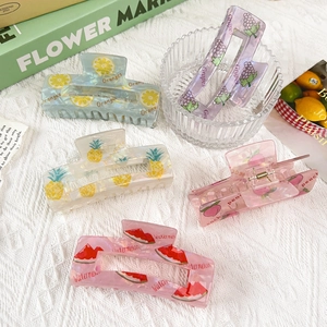 Set of 5 large iridescent PVC fruit claw clips with orange grape and peach patterns