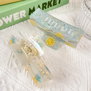 Set of two colorful PVC fruit hair claws with orange and pineapple patterns for women