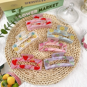 Korean Sweet PVC Fruit Pattern Hair Claw Clip For Women Large Marbled Texture Shark Clip Lemon Strawberry Grape Accessories