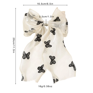 Elegant white organza bow hair clip with black butterfly embroidery and long ribbon tails