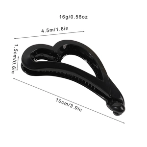 Glossy black heart-shaped banana hair clip with size dimensions for high ponytail styling