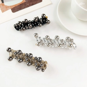 Spiral telephone wire hair ties with metallic beads in black, silver and brown colors