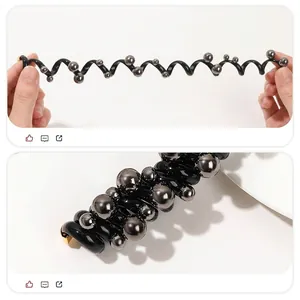 Spiral phone line hair tie with high elasticity and metallic beads decoration