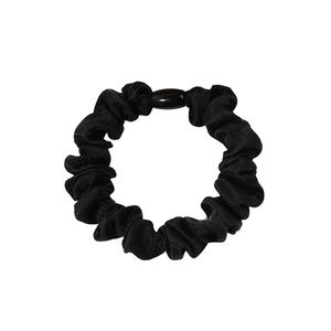 Elastic black satin scrunchie with a buckle accessory for stylish ponytail styling