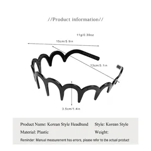 Dimensioni dettagliate del cerchietto nero ondulato in plastica largo 15cm e peso di 11g