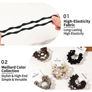 Set of 4 high-elasticity wavy hair ties in neutral mocha tones with woven texture