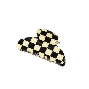 Classic black and white checkered PVC hair claw clip with high-gloss finish for women