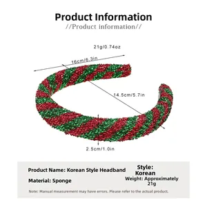 Detail view of red and green glitter knotted headband with dimensions and size markers