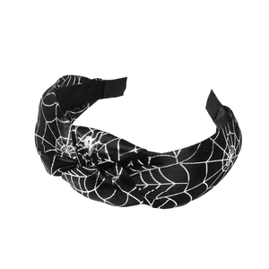 Serre-tête Halloween noir avec motif toile d'araignée argentée et nœud torsadé