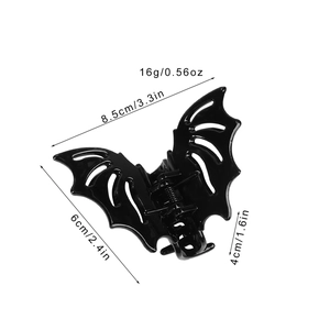 Glossy black ABS bat hair claw clip for Halloween with size and weight annotations