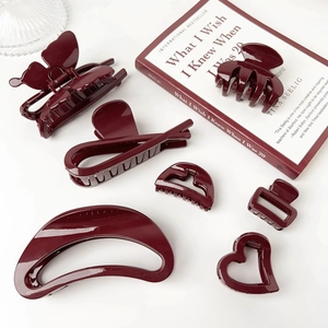 Women Burgundy Hair Claw Clips Korean Minimalist Plastic Shark Clips Lacquer Geometric Butterfly Heart Moon Hair Accessories