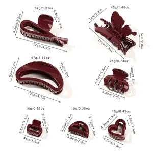 Size guide for various dark red hair clips with specific dimensions and weights