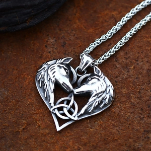 Silver Viking Odin twin wolf heart pendant with Celtic knot on braided chain
