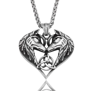 Viking Odin double wolf pendant necklace with Celtic knot in silver stainless steel