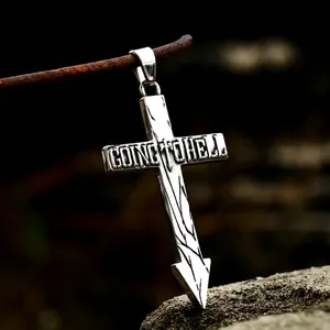Gothic Stainless Steel Cross Arrow Pendant Embossed Letter Going To Hell Retro Vintage Punk Biker Jewelry For Men Women